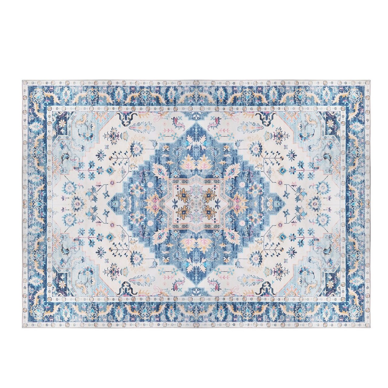 Edge Collections - Blue - Vintage Area Rug Boho Low Pile Soft Rug Waterproof Machine Washable - 1 Piece